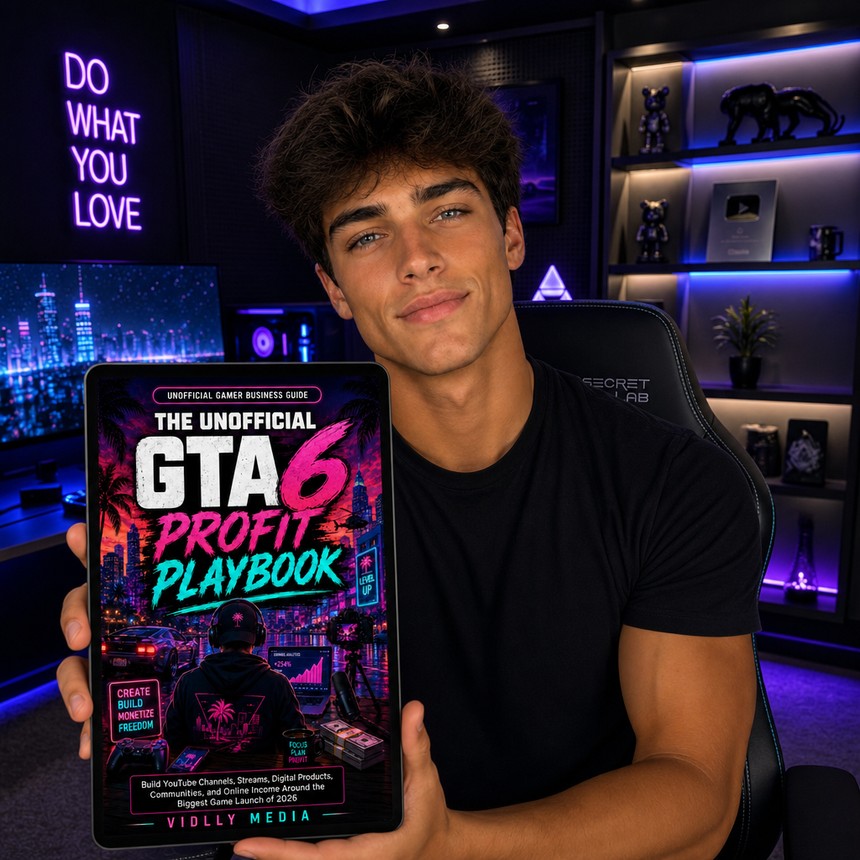 Creator holding the GTA 6 Profit Playbook on a tablet